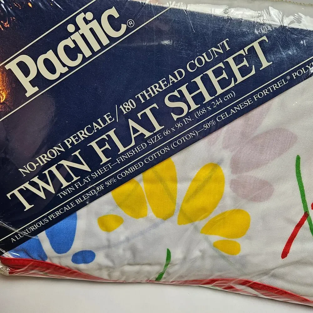 NEW Pacific Happy Flowers Percale Twin Flat Sheet‎ 180 Thread Count Vintage 90s